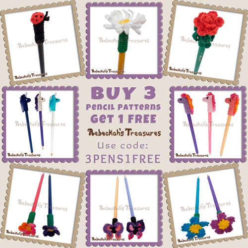Buy 3 Pencil Topper crochet patterns and get one FREE! | Visit @beckastreasures to learn more: https://www.rebeckahstreasures.com/special-offers.html#bundles | #crochet #penciltopper
